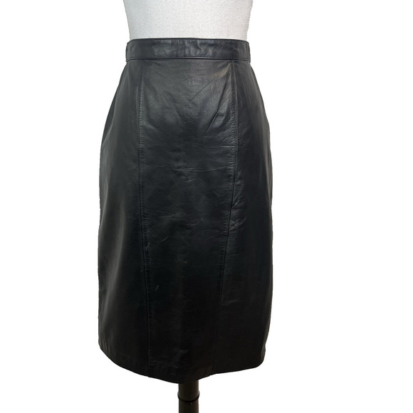 Vintage Evan Davies Black Cow Leather Skirt size 10 Straight Pencil Knee Biker - Picture 1 of 8